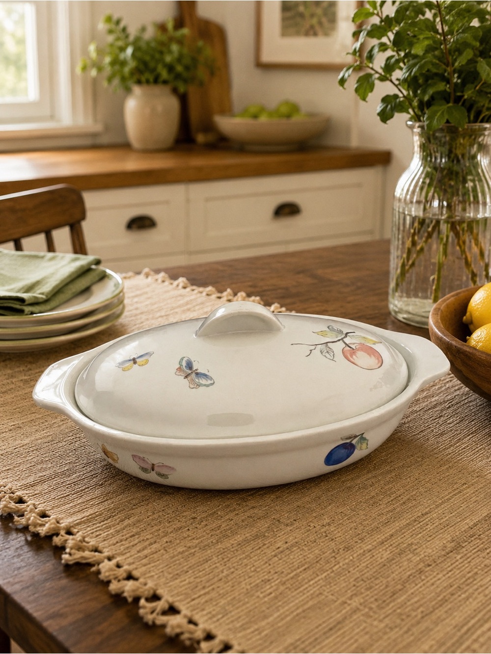 White Ceramic Covered Casserole Dish with Fruit & Butterfly Motif